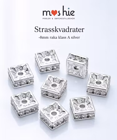 Fyrkantiga strasspärlor, 8mm, raka, silver, mässing (10st)