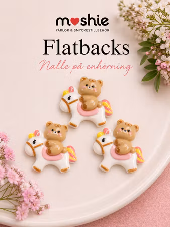 Flatbacks nalle på enhörning 25mm för dekoration