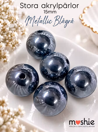 Stora runda akrylpärlor 16mm metallic blågrå 5st