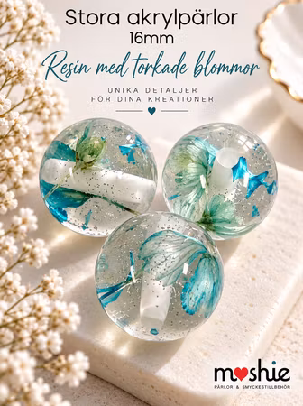 Stora pärlor av resin med torkade blommor turkosa 16mm 3st