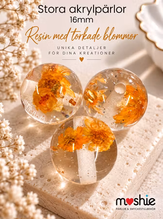 Stora pärlor av resin med torkade blommor orange 16mm 3st