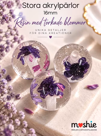 Stora pärlor av resin med torkade blommor lila 16mm 3st