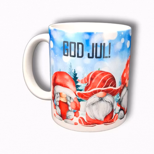 Mugg Jul julmotiv tomte text present - www.bellebi.se