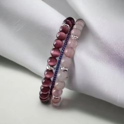 Treradigt armband  med rosenkvarts och ametister