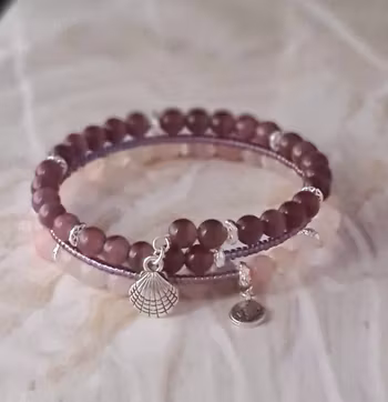 Treradigt armband  med rosenkvarts och ametister