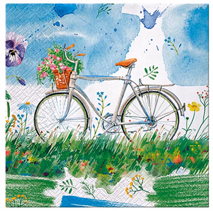 Vackra pappersservetter med cykel och sommarblomster "målad" med vattenfärger.