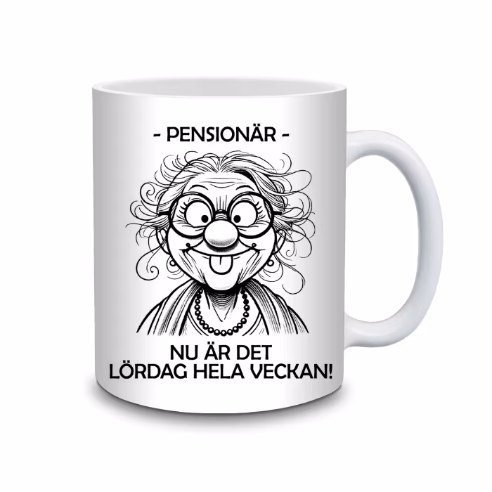 Humoristisk mugg till den glada pensionär kvinna bellebi.se
