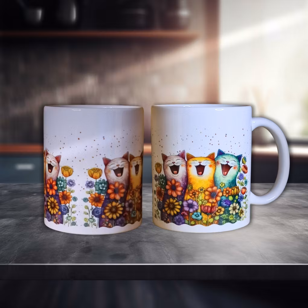 Färgglad Mugg med sjungande katter i blomsterprakt hos bellebi Gällivare