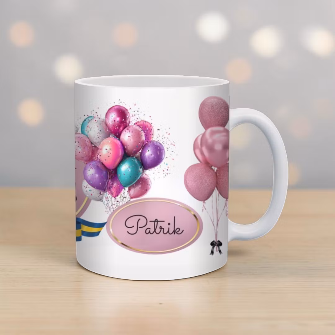 Mugg till studenten i rosa toner med namn och årtal bellebi gällivare presenter