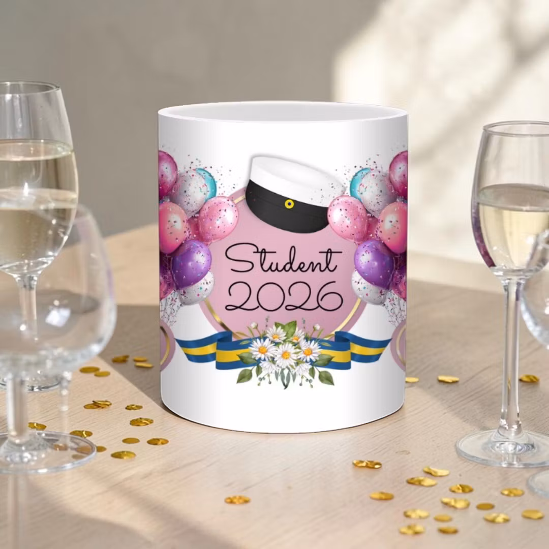Mugg till studenten i rosa toner med namn och årtal bellebi gällivare presenter