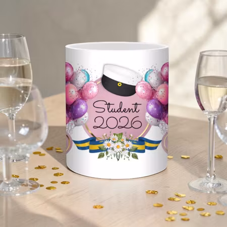 Studentmugg i rosa toner med valfritt namn och årtal