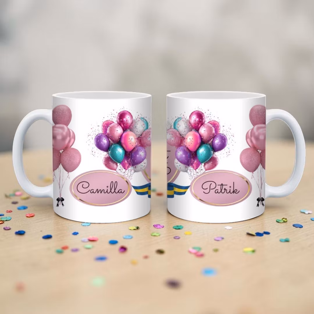 Mugg till studenten i rosa toner med namn och årtal bellebi gällivare presenter