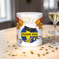 Studentmugg med svenska flaggan, årtal och namn