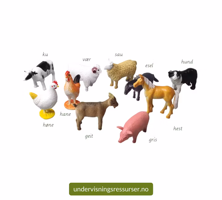 Bondegård, gårdsdyr konkreter, 10 stk miniatyrfigurer