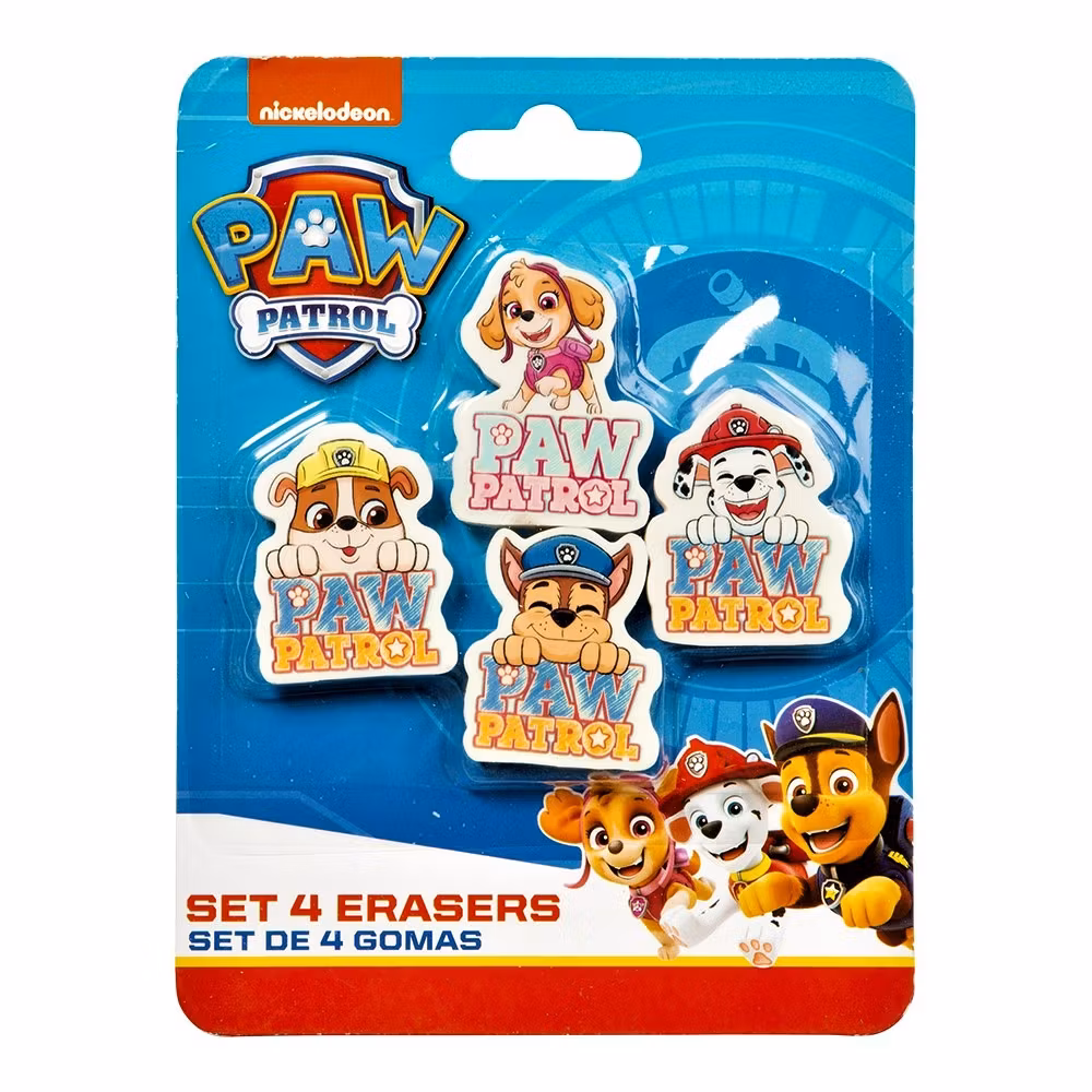Fyra stycken super söta Paw Patrol suddgummin, perfekt för dem minsta i skolan.