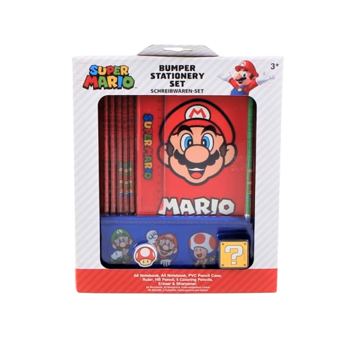 Ett set med motiv från super  mario, innehåller pennvässare, anteckningsbok, linjal m.m.