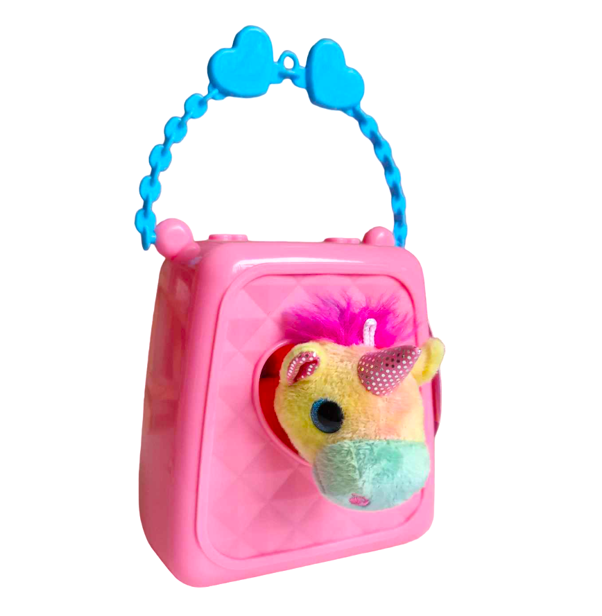 En söt mjuk liten enhörning i en rosa väska i plast.