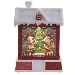 Mikke og Minni Mus i et vinterhus med snø og lys