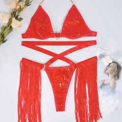Dans Dräkt Set BH och Trosa med remsor på sidorna - Röd