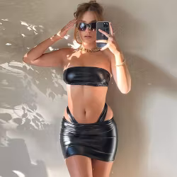 Sexig Tubtopp & Hip Kjol Tvådelad Set | Svart PU-läder