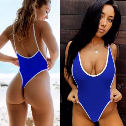 Costume da bagno blu - bordi bianchi | Vita alta e scollatura profonda