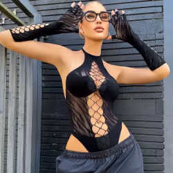Sexig Svart Bodysuit i Mesh & fisknät med Öppen Rygg