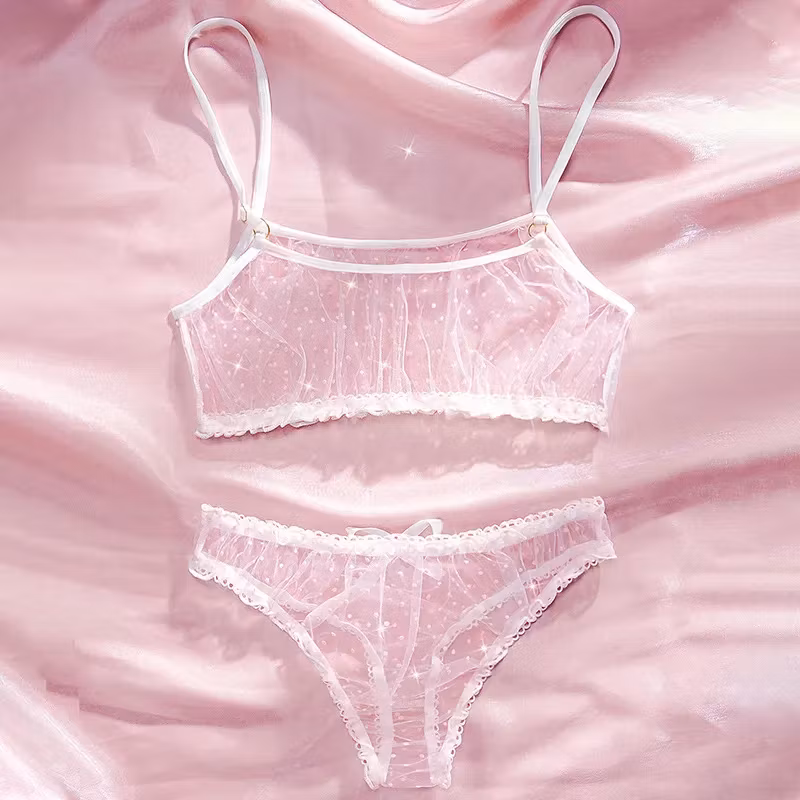 Polka Dot Lingerie - Cute Mesh with Bow – White Bra & Panties