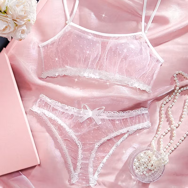 Polka Dot Lingerie - Cute Mesh with Bow – White Bra & Panties