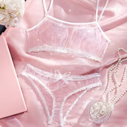 Lingerie à pois – Jolie maille avec nœud – Soutien-gorge et culotte blancs