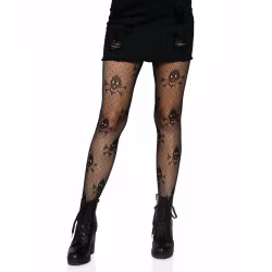 Collant a rete neri sexy con grandi teschi di Halloween