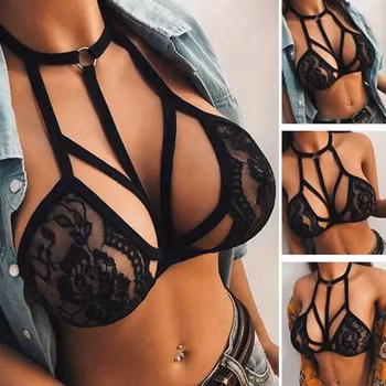 Strappy Cage-BH | Utan bygel | Genomskinlig Spetskupa