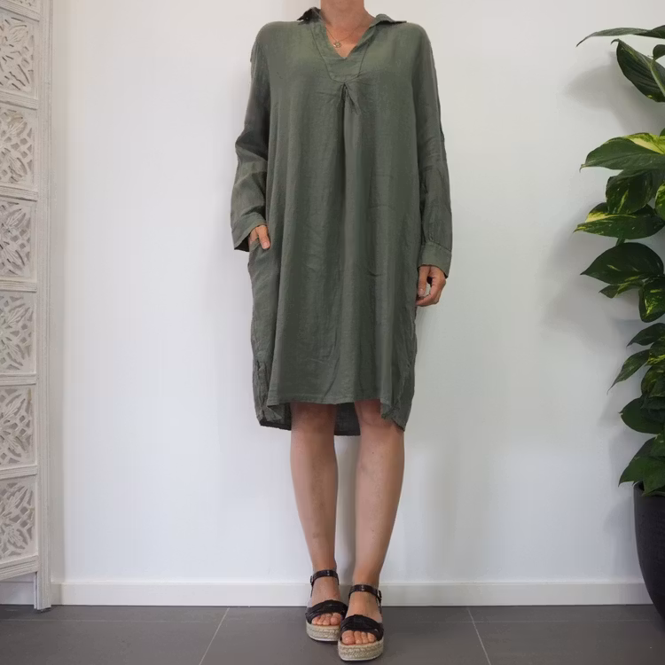 Kort linneklänning med fickor KAKI