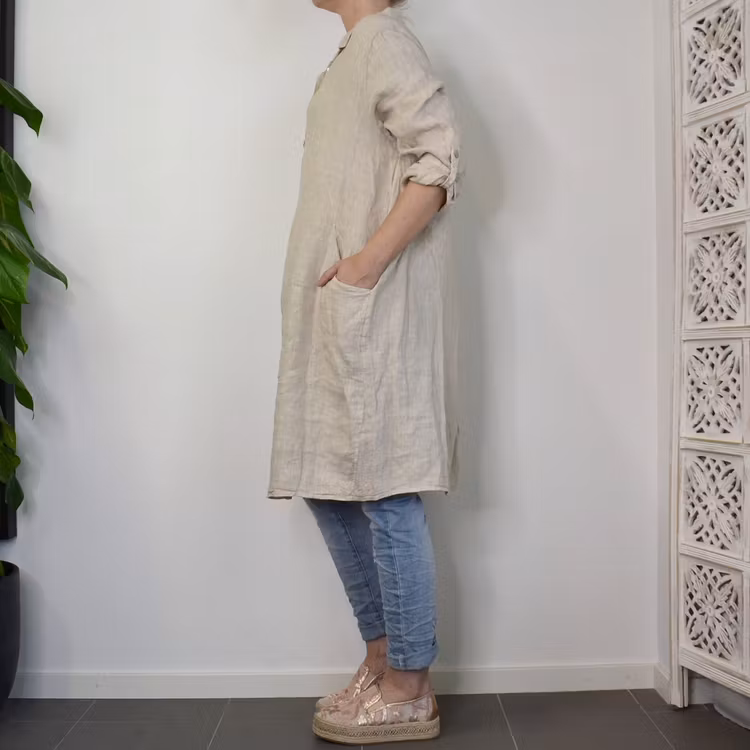Kort skjortklänning i linne BEIGE