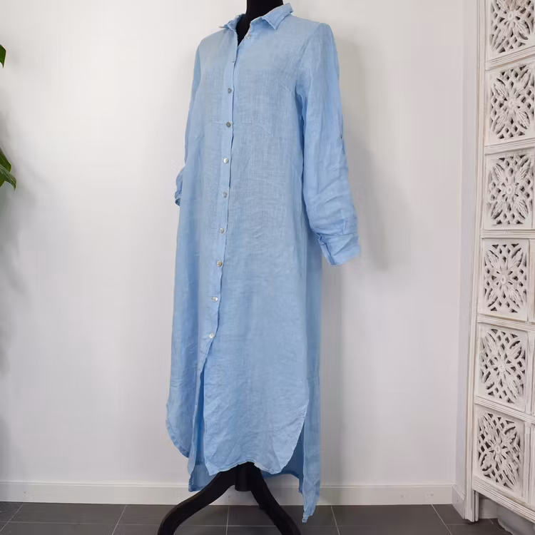 Lång skjortklänning i linne HIMMELBLÅ