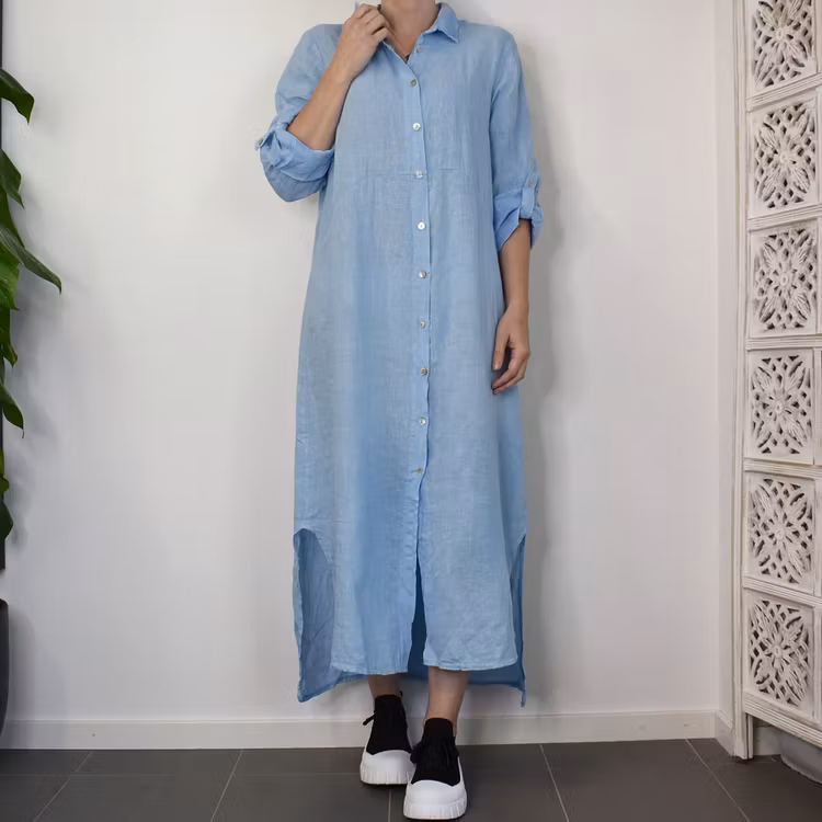 Lång skjortklänning i linne HIMMELBLÅ