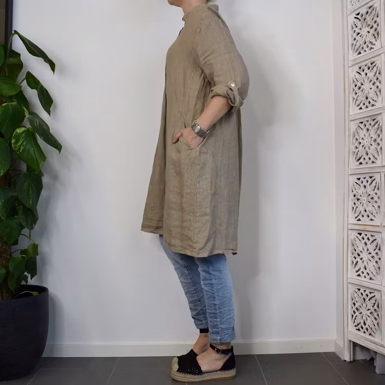 Kort skjortklänning i linne TAUPE