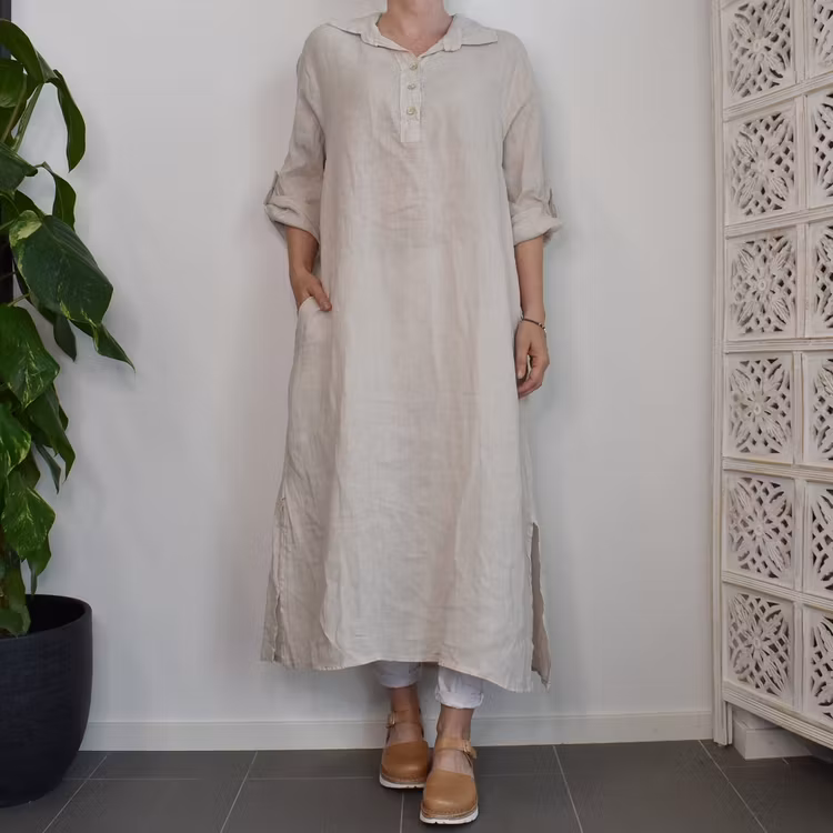 Skjortklänning med fickor BEIGE