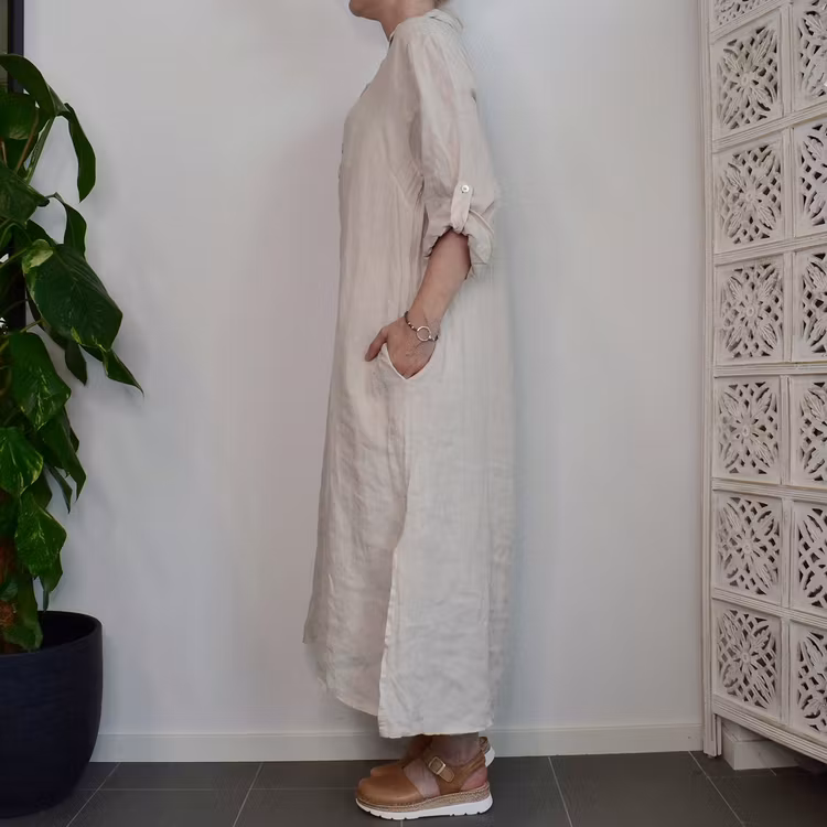 Skjortklänning med fickor BEIGE