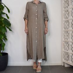 Lång skjortklänning i linne TAUPE