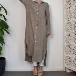 Lång skjortklänning i linne TAUPE
