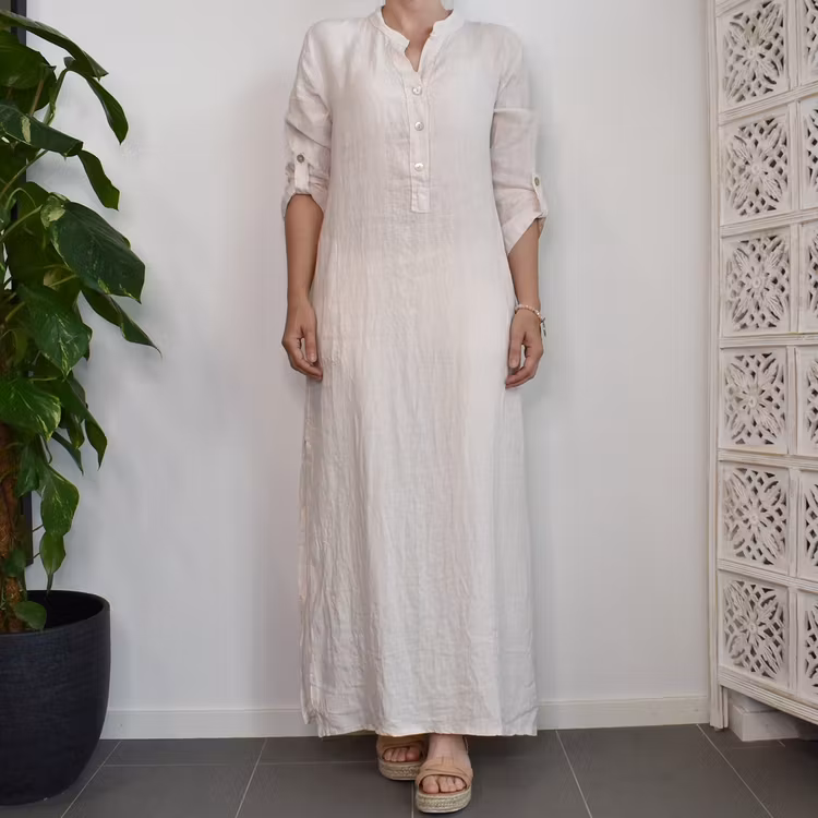Lång linneklänning med fickor NUDE