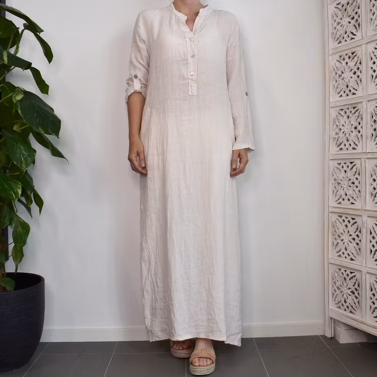 Lång linneklänning med fickor NUDE