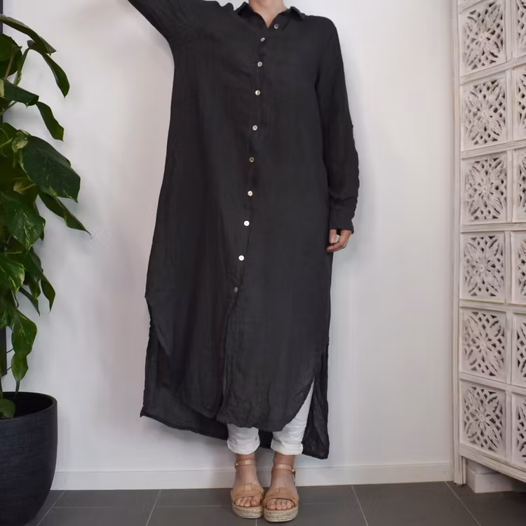 Lång skjortklänning i linne ANTRACIT - slut