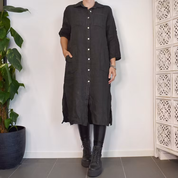 Lång Linneskjorta med fickor ANTRACIT