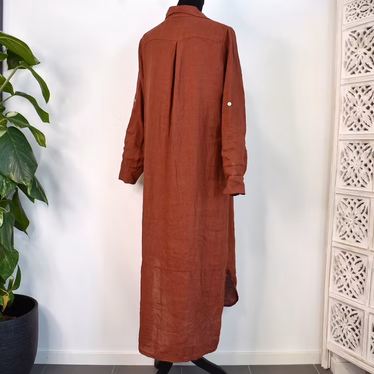 Lång skjortklänning i linne TERRACOTTA