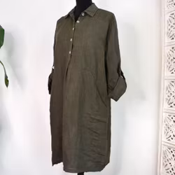 Kort skjortklänning i linne MÖRK KAKI