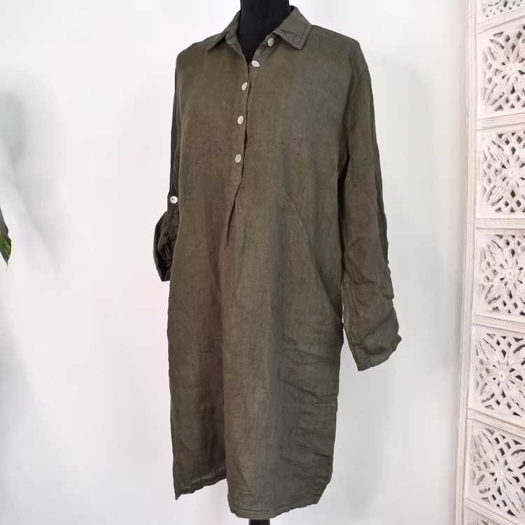 Kort skjortklänning i linne MÖRK KAKI