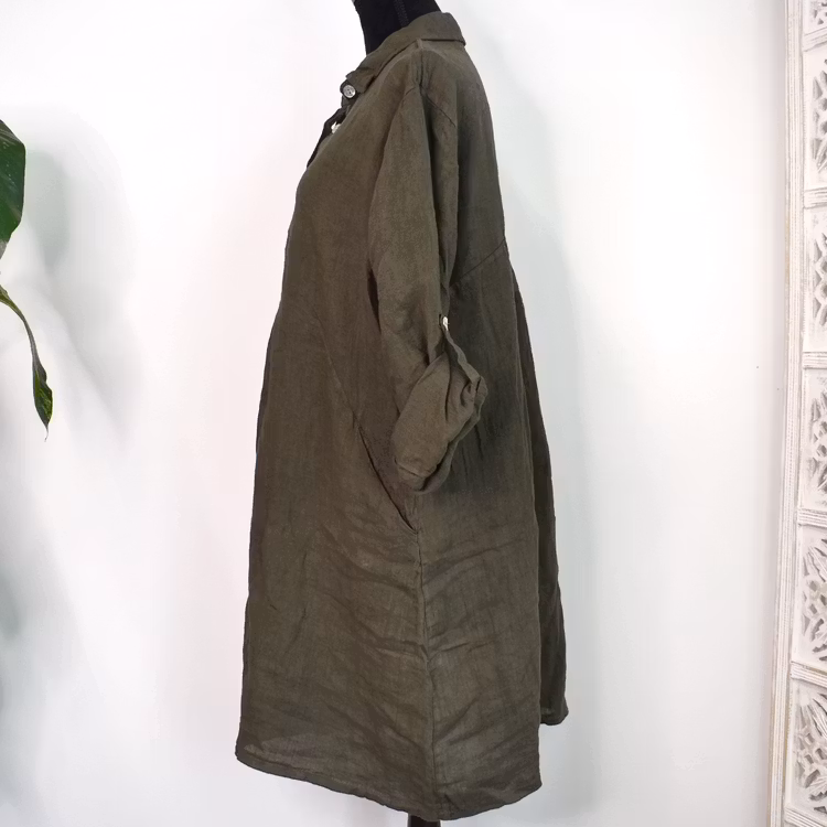 Kort skjortklänning i linne MÖRK KAKI