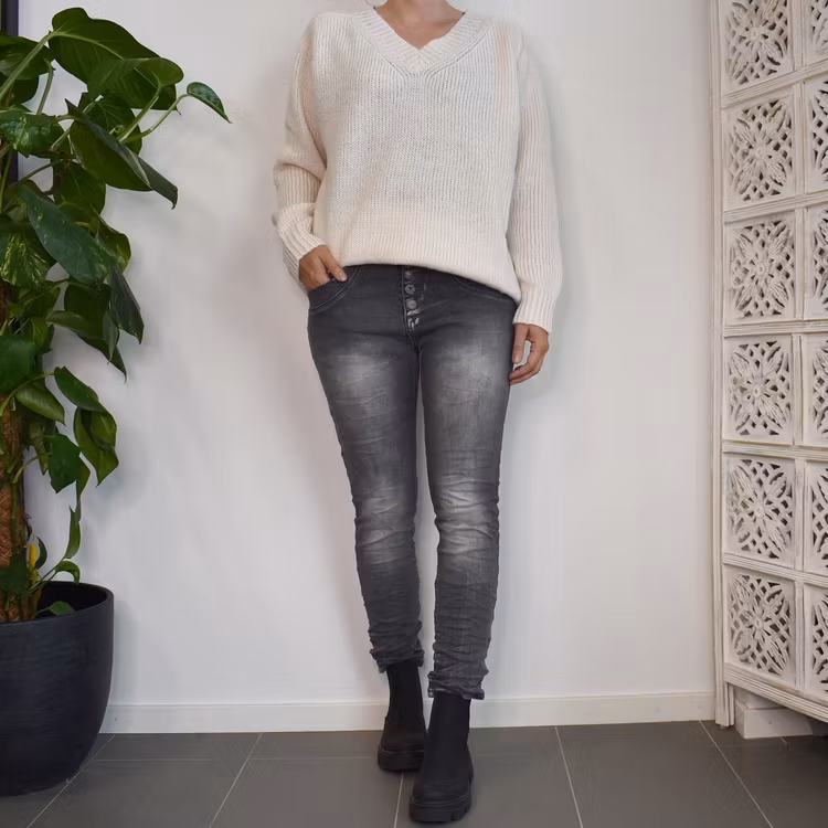 Jeans med dekorativa knappar SLITEN GRÅ - Place du Jour