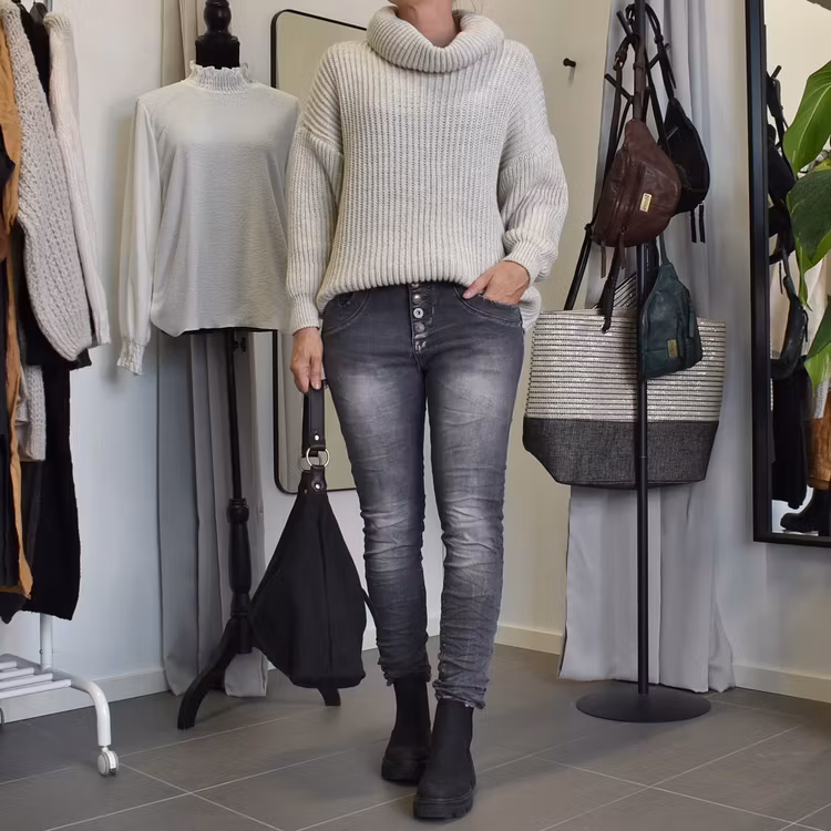 Jeans med dekorativa knappar SLITEN GRÅ - Place du Jour
